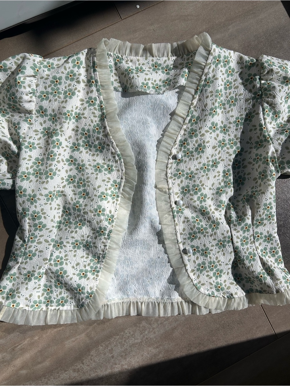 Girls' Ruffle-Trim Floral Blouse - White & Green